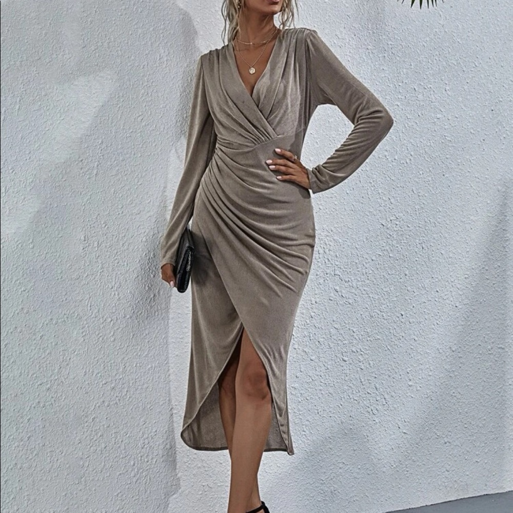 Elegant bronze surplice neck ruched wrap lined hem dress. SHEIN size small.